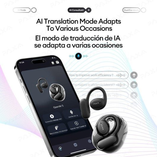 Auriculares Paxa-openair5 inalámbricos Bluetooth con traducción en 135 idiomas y asistente IA negro