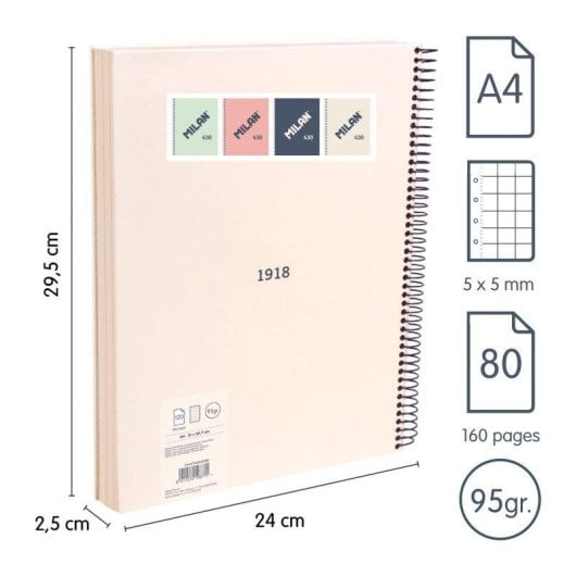 Cuaderno Milan 430 A4 Espiral Tapa Dura Cuadriculado 80 Hojas 95gr Beige