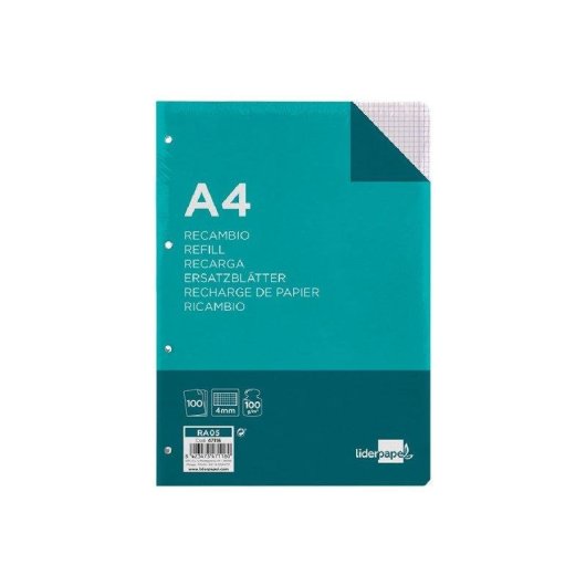 Papel Recambio Liderpapel A4 100 Hojas 100g/m2 Cuadro 4mm Con Margen 4 Taladros