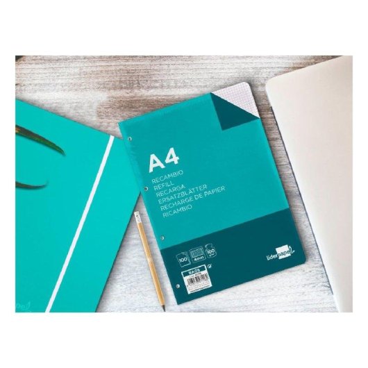 Papel Recambio Liderpapel A4 100 Hojas 100g/m2 Cuadro 4mm Con Margen 4 Taladros