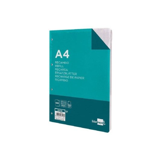 Papel Recambio Liderpapel A4 100 Hojas 100g/m2 Cuadro 4mm Con Margen 4 Taladros
