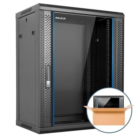 Rack mural Phasak Pro 15U 600x450 premontado con puerta de vidrio templado
