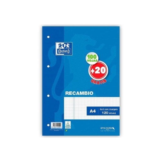 Rimpiazzo A4 Oxford 100 + 20 fogli gratis 90 g quadrettato 4 mm 4 fori