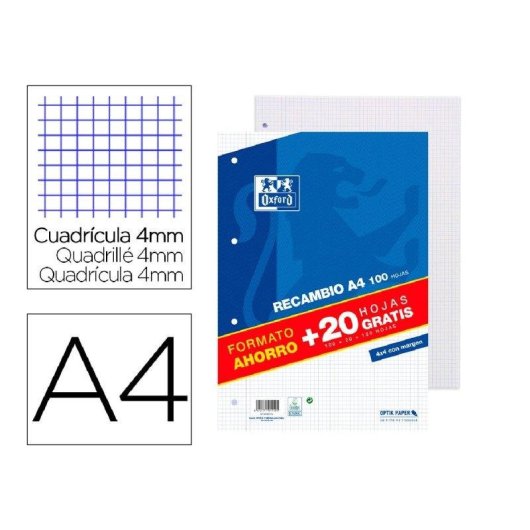 Rimpiazzo A4 Oxford 100 + 20 fogli gratis 90 g quadrettato 4 mm 4 fori