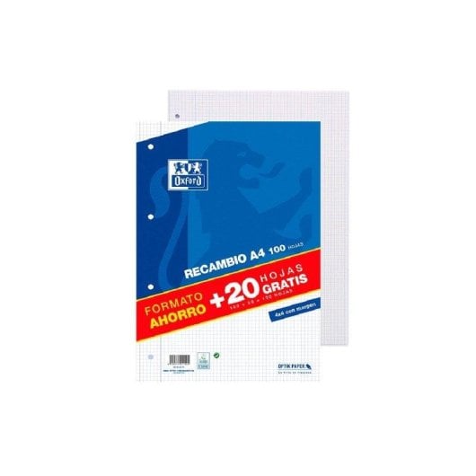 Rimpiazzo A4 Oxford 100 + 20 fogli gratis 90 g quadrettato 4 mm 4 fori