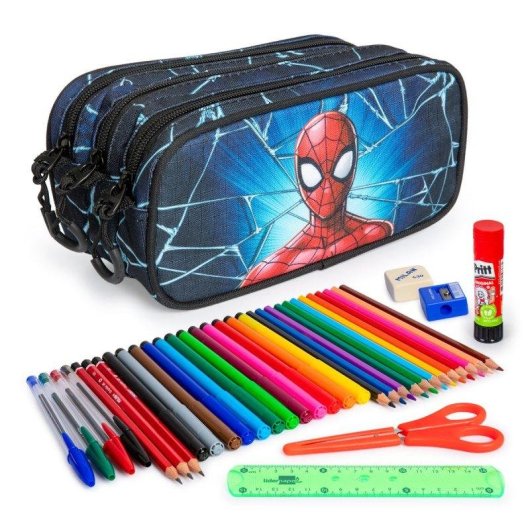 Estuche Escolar Triple Spiderman Maximum + Pack Material Escolar 36 Piezas