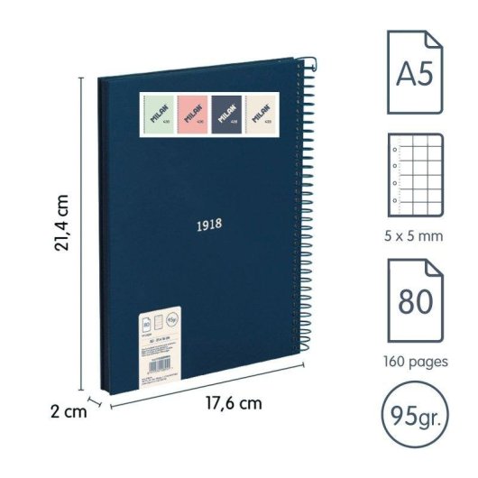 Cuaderno A5 Espiral Tapa Dura Milan 430 Cuadriculado 80 Hojas 95gr Azul