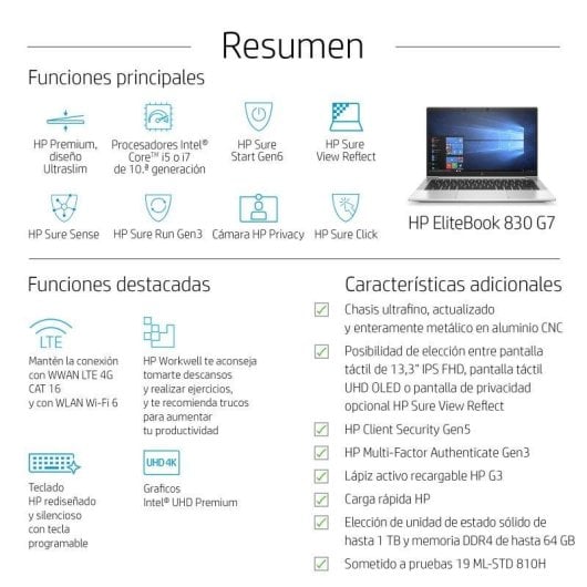 Portátil HP EliteBook 830 G7 13,3" Intel Core i5-10210U 16GB 256GB SSD Intel UHD Graphics Windows 10 Pro