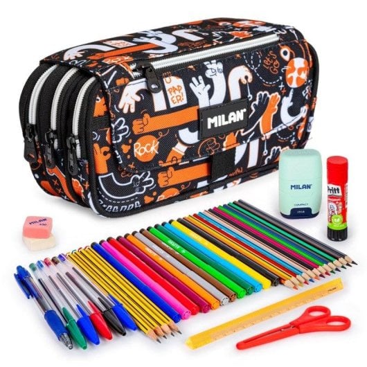 Astuccio Triplo Milan Fingers con Materiale Scolastico Incluso, Cerniere Resistenti, 3 Scomparti