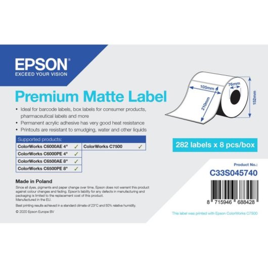 Etiqueta Epson Premium Matte para Impresora Die-Cut 105mm x 210mm 282 etiquetas