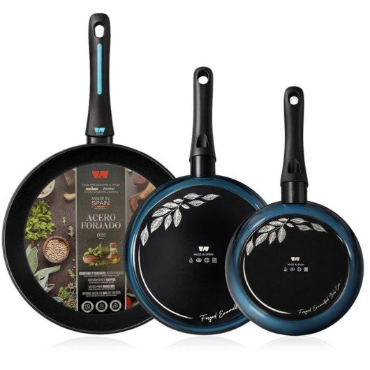 Set 3 Sartenes Inducción Acero Forjado 20-24-28cm antiadherente Sin PFOA, Fabricada En España, Briebe, Mare, Azul