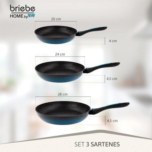 Set 3 Sartenes Inducción Acero Forjado 20-24-28cm antiadherente Sin PFOA, Fabricada En España, Briebe, Mare, Azul