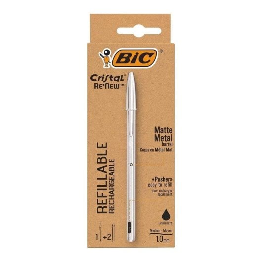 Penna Bic Cristal Re'new Nera con 2 ricariche, corpo metallico