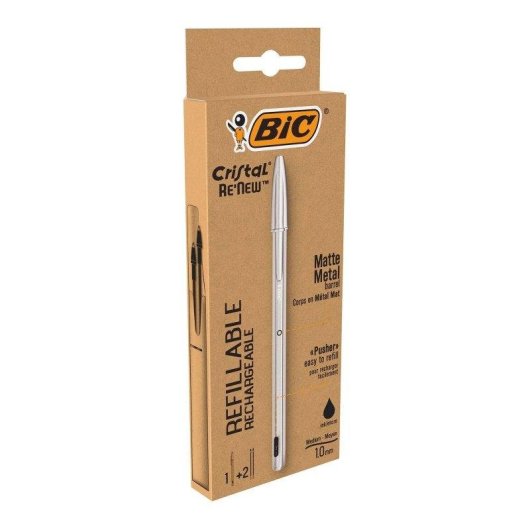 Penna Bic Cristal Re'new Nera con 2 ricariche, corpo metallico
