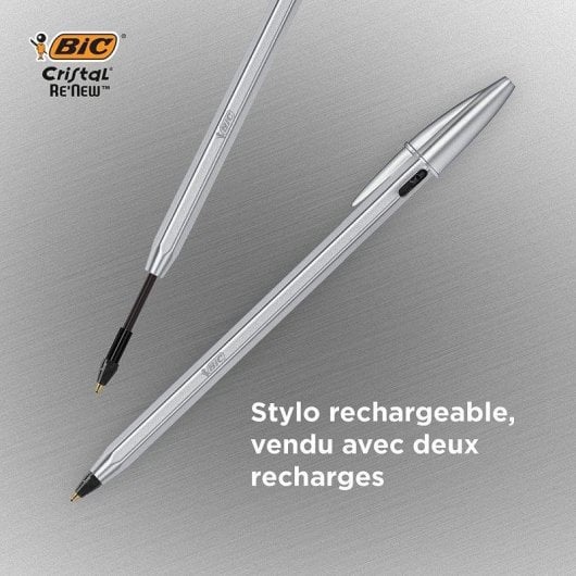 Penna Bic Cristal Re'new Nera con 2 ricariche, corpo metallico