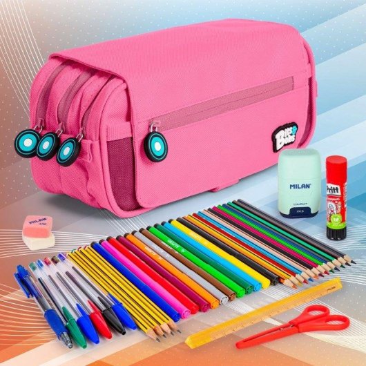 Estuche Triple Grafoplás BitsBobs con Material Escolar Incluido Rosa