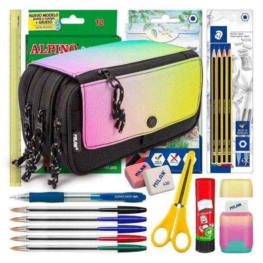 Estuche Escolar Triple Milan Sunset Pack Material Escolar 40 Piezas