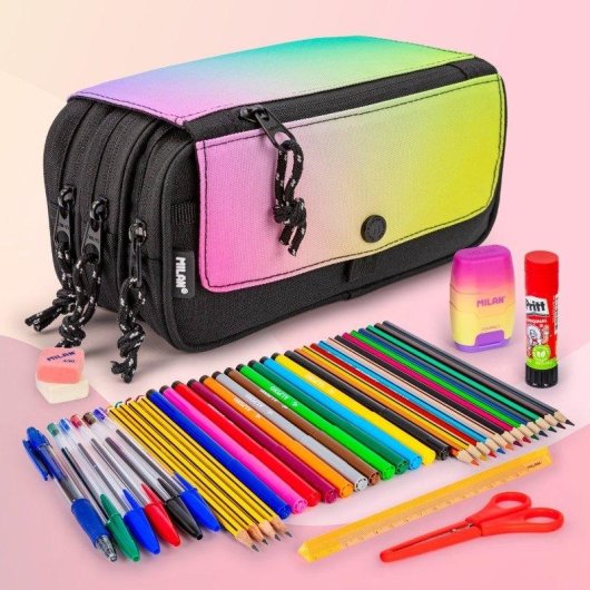Estuche Escolar Triple Milan Sunset Pack Material Escolar 40 Piezas