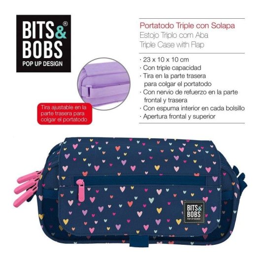 Estuche Portatodo Triple Grafoplás Diseño Bits and Bobs 23 x 10 x 10 cm con bolsillos extra