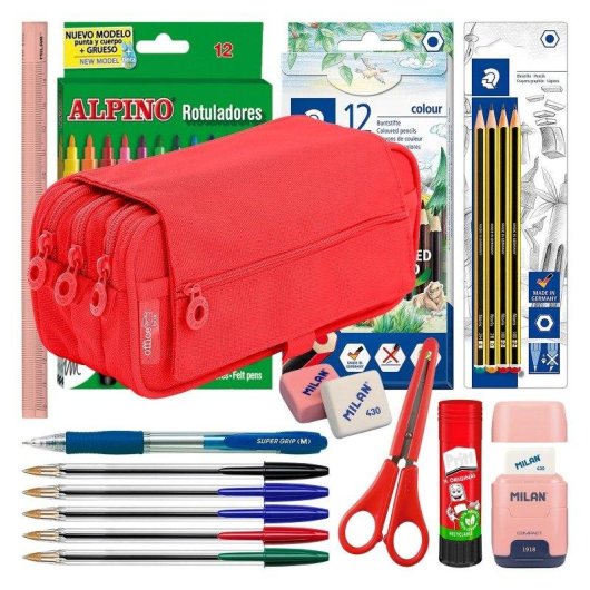 Borsa Triple Officebox Colepack Pro Rosso Corallo con Materiale Scolastico Incluso