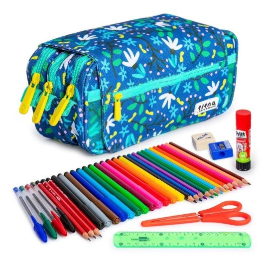 Estuche Escolar Triple ColePack EcoDesign Grafoplás con Material Incluido Blue Garden
