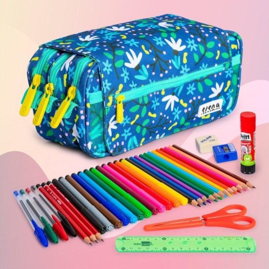 Estuche Escolar Triple ColePack EcoDesign Grafoplás con Material Incluido Blue Garden