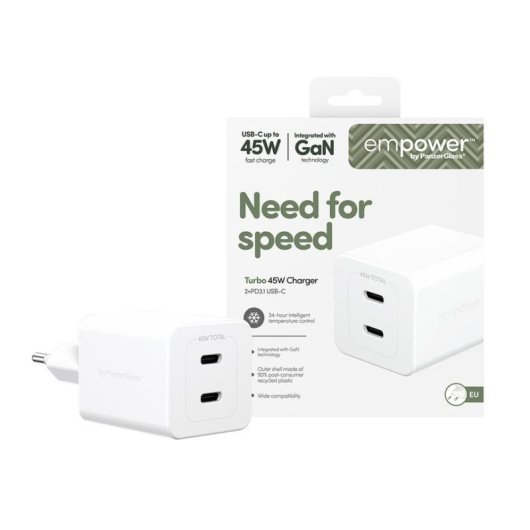 Carregador PanzerGlass Turbo 45W 2x USB-C Branco