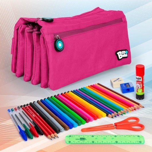 Estuche Escolar Portatodo Cuadruple Grafoplas Bits and Bobs Magenta con 36 Utensilios