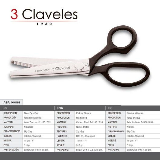 Forbici Multiuso Professionali 3 Claveles Taglio Zig-zag 18 cm