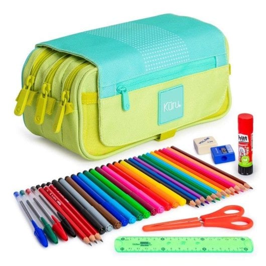 Estuche Triple Grafoplás Kuru Turquesa con Pack Escolar 36 Piezas