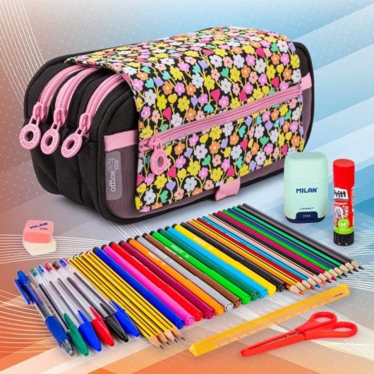 Borsa Triple Officebox Flowers con Materiale Scolastico Incluso