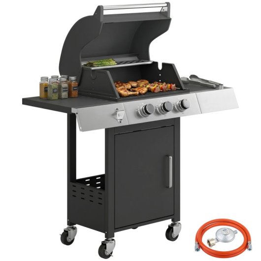 Outsunny Barbacoa De Gas Con 3 Quemadores 8,1 Kw Termómetro Mesas Laterales