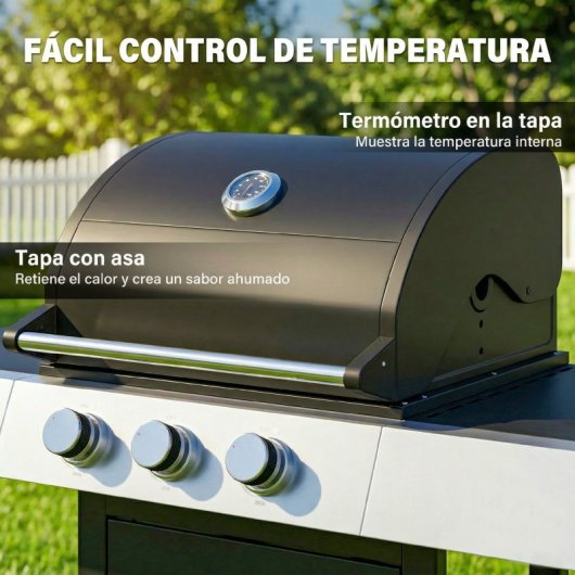 Outsunny Barbacoa De Gas Con 3 Quemadores 8,1 Kw Termómetro Mesas Laterales