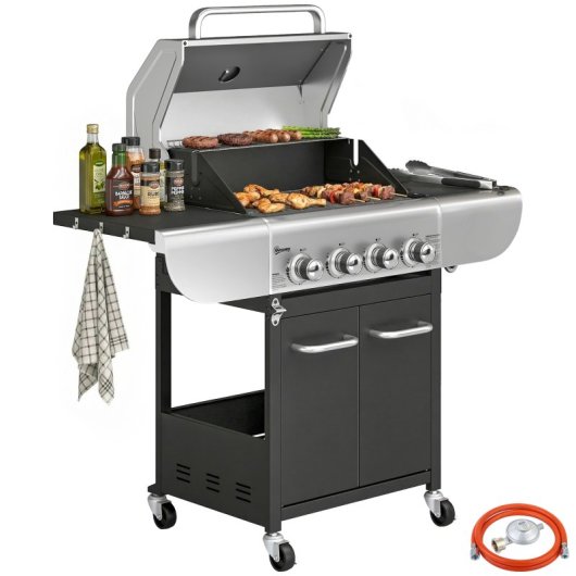 Outsunny Barbacoa De Gas Con 4 Quemadores 12,8 Kw Termómetro Mesas Laterales