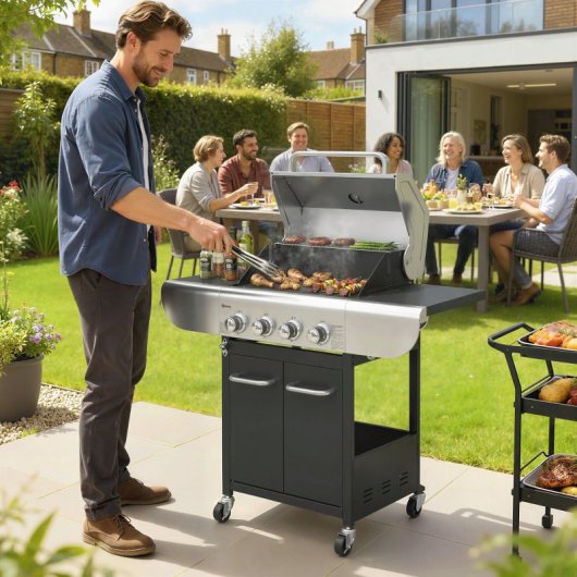 Outsunny Barbacoa De Gas Con 4 Quemadores 12,8 Kw Termómetro Mesas Laterales