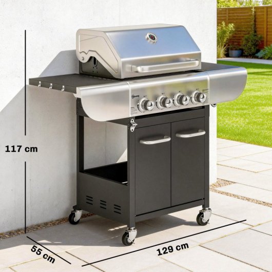 Outsunny Barbacoa De Gas Con 4 Quemadores 12,8 Kw Termómetro Mesas Laterales
