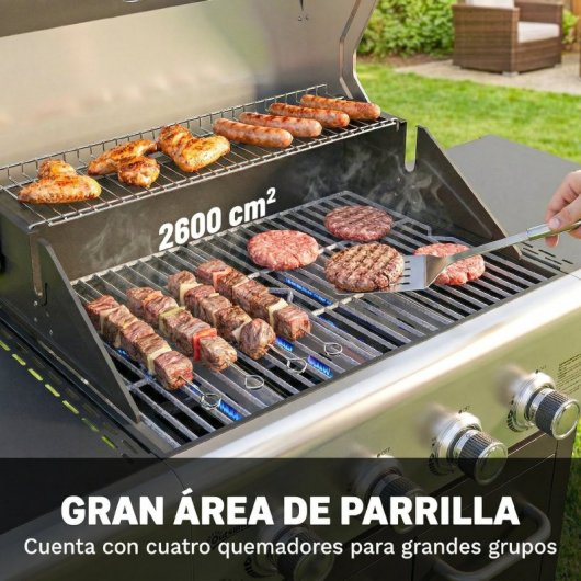 Outsunny Barbacoa De Gas Con 4 Quemadores 12,8 Kw Termómetro Mesas Laterales
