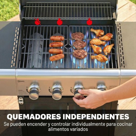 Outsunny Barbacoa De Gas Con 4 Quemadores 12,8 Kw Termómetro Mesas Laterales
