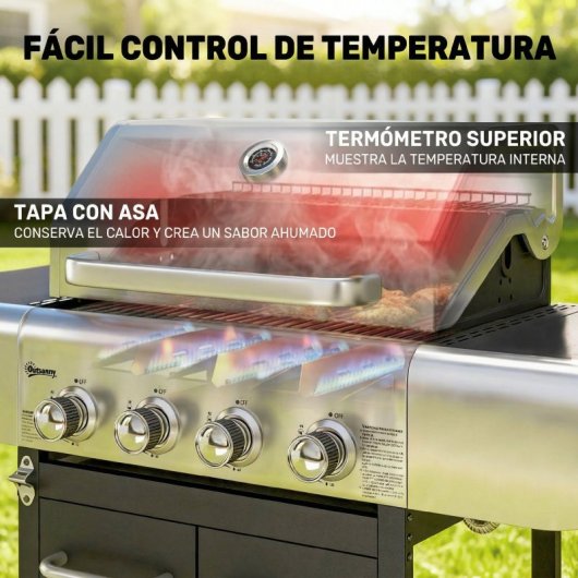 Outsunny Barbacoa De Gas Con 4 Quemadores 12,8 Kw Termómetro Mesas Laterales