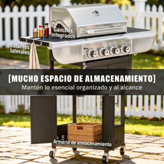 Outsunny Barbacoa De Gas Con 4 Quemadores 12,8 Kw Termómetro Mesas Laterales