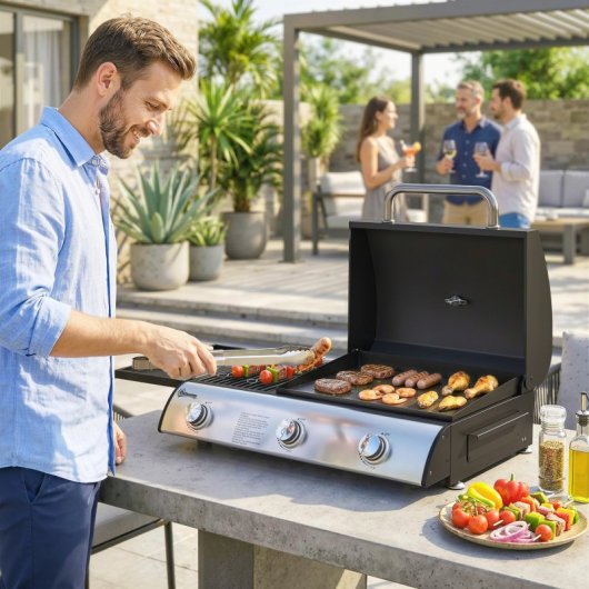 Outsunny Barbacoa De Gas Bbq Gas Con 3 Quemadores 7,5 Kw Con Plancha Negro
