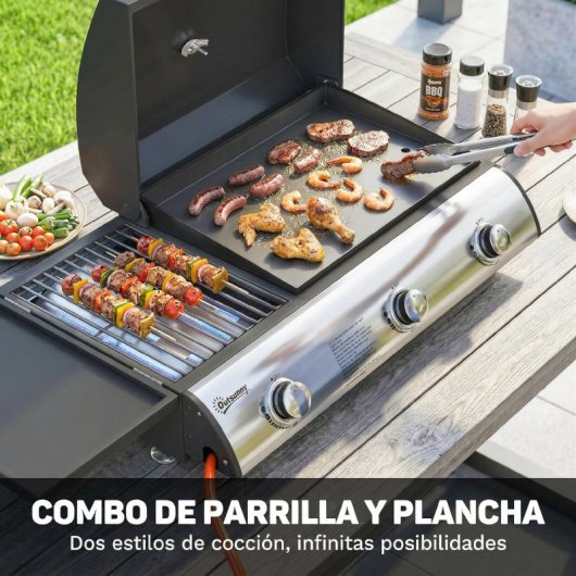 Outsunny Barbacoa De Gas Bbq Gas Con 3 Quemadores 7,5 Kw Con Plancha Negro