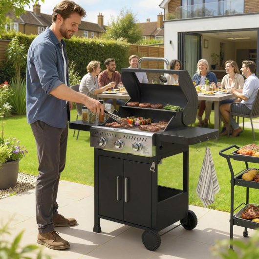 Outsunny Barbacoa De Gas Con 3 Quemadores 7,5 Kw Termómetro Mesas Laterales