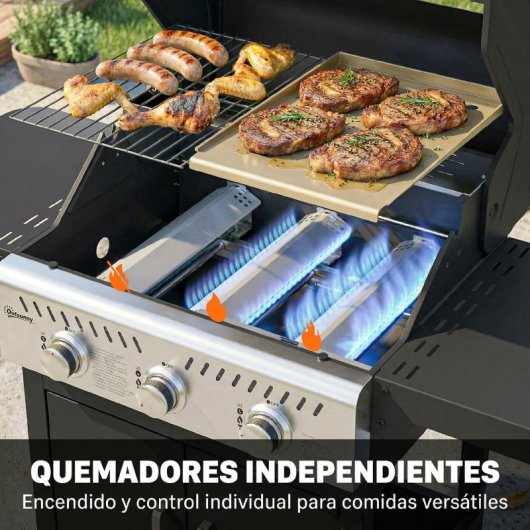 Outsunny Barbacoa De Gas Con 3 Quemadores 7,5 Kw Termómetro Mesas Laterales