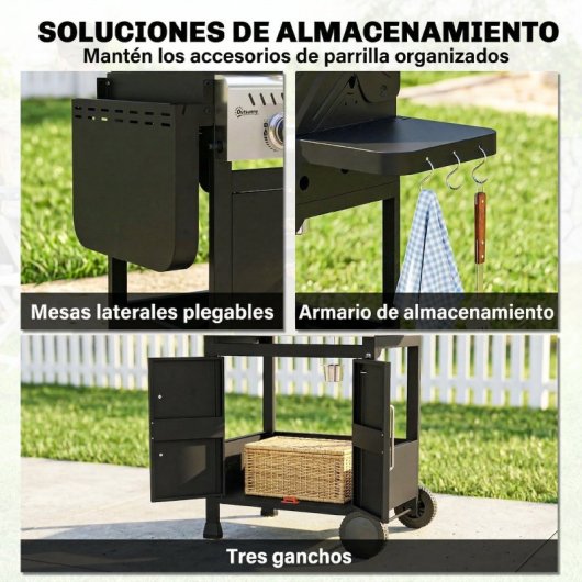 Outsunny Barbacoa De Gas Con 3 Quemadores 7,5 Kw Termómetro Mesas Laterales