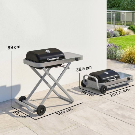 Outsunny Barbacoa De Gas Plegable Con Quemador 2,5 Kw Con Ruedas Mesa Lateral