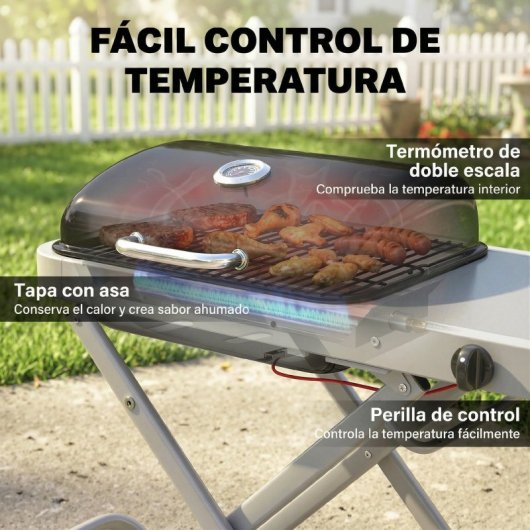 Outsunny Barbacoa De Gas Plegable Con Quemador 2,5 Kw Con Ruedas Mesa Lateral
