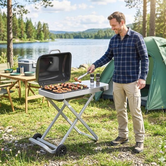 Outsunny Barbacoa De Gas Plegable Con Quemador 2,5 Kw Con Ruedas Mesa Lateral