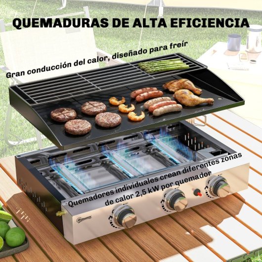 Outsunny Barbacoa De Gas Con 3 Quemadores 7,5 Kw Plancha Rejilla Calentadora