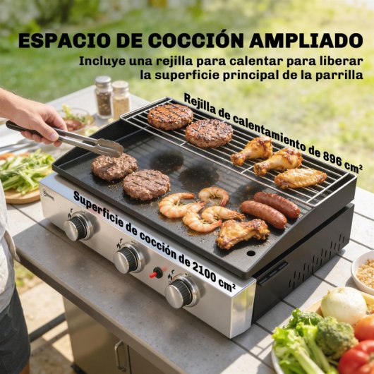 Outsunny Barbacoa De Gas Con 3 Quemadores 7,5 Kw Plancha Rejilla Calentadora